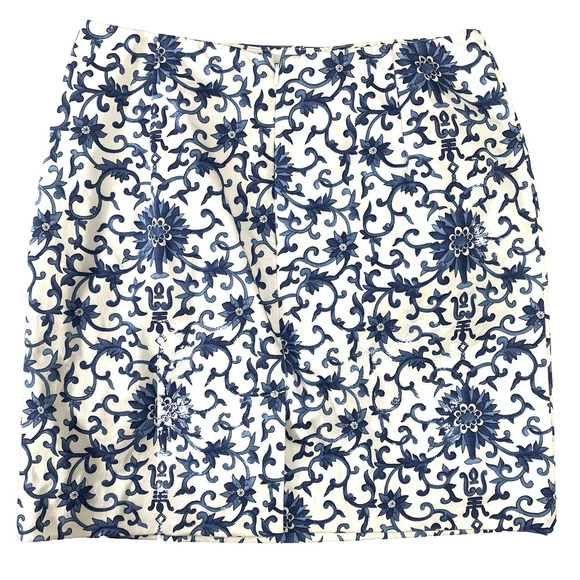 LAUREN RALPH LAUREN Floral Skirt 6P Petite Blue White Green Label Scroll EUC - Picture 2 of 4